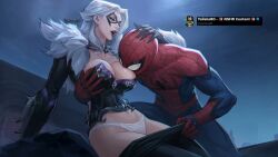 1boy1girl 2d 2d_(artwork) ai_generated big_breasts black_cat_(marvel) black_cat_(marvel_rivals) black_suit boobs edited_official_artwork face_on_breast face_on_chest felicia_hardy female light-skinned_female light_skin male marvel marvel_comics marvel_rivals masked_female netease_games night night_sky peter_parker spider-man spider-man_(marvel_rivals) spider-man_(series) spider-man_logo thong tight_clothing tight_suit tits touching_breast white_fur white_hair yallahs80