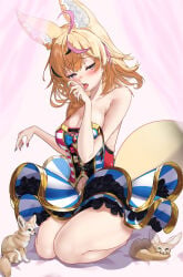 1girls animal_ears bedroom_eyes cleavage dress female fennec hololive hololive_gen_5 hololive_japan licking_hand light-skinned_female naughty_face omaru_polka saliva_string solo solo_female solo_focus suggestive_look tail takobuta thick_thighs thighs virtual_youtuber