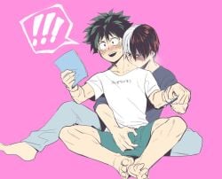 awkward barefoot blush boku_no_hero_academia bones_(company) bulge embarrassed feet freckles gay grabbing_another's_penis izuku_midoriya male_only messy_hair midoriya_izuku my_hero_academia nao_mha nervous pants scar shirt shorts shounen_jump shouto_todoroki sitting surprised tododeku todoroki_shoto two-tone_hair