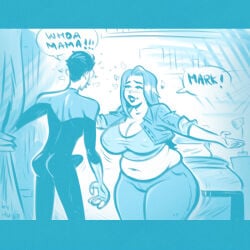 1boy 1boy1girl 1girl1boy 1girls 2020s 2026 2026s arms_open atom_eve bedroom big_breasts boner boner_in_pants boner_under_clothes canon_couple canonical_scene curvaceous curvaceous_figure curvy curvy_body curvy_female curvy_figure curvy_hips deviantart_link digital_drawing_(artwork) digital_media_(artwork) english_text fingerless_gloves fully_clothed hugotendaz human humanoid invincible invincible_(tv_series) jpg mark_grayson monochrome multiple_sources official_alternate_costume redraw samantha_eve_wilkins superhero text text_bubble twitter_link voluptuous voluptuous_female weight_gain weight_gain_female