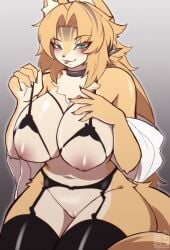 2026 5_fingers absurd_res anthro areola arm_tuft artist_logo artist_name big_breasts biped black_bra black_choker black_claws black_clothing black_eyebrows black_jewelry black_legwear black_lingerie black_nails black_necklace black_thigh_highs black_underwear blep blonde_hair blush blush_lines bra bra_pull breasts chest_tuft choker claws clothed clothed_anthro clothed_female clothing clothing_pull digital_media_(artwork) elbow_tuft eyebrows eyelashes facial_markings felid feline female female_anthro finger_claws fingers fur garter_belt garter_straps genitals glistening glistening_eyes glistening_genitalia glistening_vulva gradient_background green_eyes hair hand_above_breast hand_on_breast head_markings hi_res inner_ear_fluff innie_vulva jewelry legwear lingerie logo looking_at_viewer mammal markings mihoyo multicolored_body multicolored_fur necklace nipple_dip nippleless_bra nippleless_clothing nipples open_clothing open_shirt open_topwear pink_areola pink_nipples pulchra_fellini pupils red_markings shirt simple_background sk3tchk4t slit_pupils solo tail tan_body tan_fur text thigh_highs thiren tongue tongue_out topwear tuft two_tone_body two_tone_fur underwear underwear_pull vulva white_clothing white_inner_ear_fluff white_shirt white_topwear yellow_body yellow_fur yellow_tail zenless_zone_zero