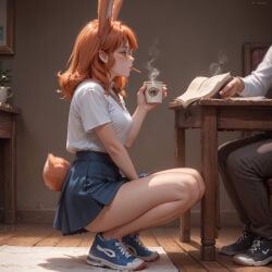 ai_generated aurora_(league_of_legends) 1girl long_hair breasts blush blue_eyes shirt skirt brown_hair long_sleeves 1boy holding animal_ears closed_mouth jewelry sitting medium_breasts school_uniform tail white_shirt full_body short_sleeves thighs pleated_skirt necktie shoes collared_shirt glasses solo_focus pants indoors artist_name medium_hair hand_up miniskirt black_footwear necklace mole looking_at_another rabbit_ears orange_hair from_side cup blue_skirt legs lips book bare_legs profile shadow black_pants thick_thighs chair half-closed_eyes mouth_hold squatting table sunlight plant rabbit_tail sneakers holding_cup extra_ears steam light_particles holding_book desk smoke between_legs freckles black-framed_eyewear out_of_frame round_eyewear blue_footwear teacup legs_together hand_between_legs wooden_floor rabbit_girl mug shirt_tucked_in open_book smoking head_out_of_frame pen potted_plant reading food_in_mouth tinted_eyewear brown_pants on_chair disposable_cup tiptoes rimless_eyewear coffee picture_frame vase holding_pen no_socks coffee_mug white_nails orange-tinted_eyewear yellow-framed_eyewear product_placement wooden_table body_freckles wooden_chair converse