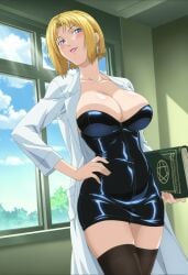1girls 2025 2d 2d_(artwork) adult_female ai_generated areola_slip areolae bare_shoulders bible_black big_breasts book blonde_hair blue_eyes blush bob_cut breasts city_background cleavage coat cross_earrings curvaceous curvy curvy_female curvy_figure desk dress earrings enigmata female female_only heat heels hi_res holding_object horny horny_female hourglass_figure huge_breasts human human_female indoors kitami_reika labcoat large_breasts lingerie_panties looking_at_viewer makeup mature mature_female milf nipple_slip nipples no_bra office office_lady parted_lips pinup revealing_clothes short_hair skimpy skimpy_clothes smile solo solo_female standing stockings thick_thighs thighhighs thighs viewed_from_below villainess voluptuous voluptuous_female walking walking_towards_viewer wide_hips window