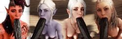 baldur's_gate_3 baldur's_gate dungeons_and_dragons derpderp 3d 1boy 4girls karlach minthara shadowheart jaheira dark-skinned_male large_penis interracial light-skinned_female purple_skinned_female red_skinned_female horns tiefling drow half-elf milf fellatio blowjob sucking_penis sucking_tip oral oral_sex oral_penetration straight_sex looking_at_viewer looking_at_partner submissive_female multiple_females