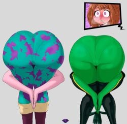 3girls amen_pose_(meme) arm_around_leg artist_request ass ass_focus bent_over big_ass bodysuit boku_no_hero_academia clothing female female_only from_behind highres huge_ass light-skinned_female meme mina_ashido my_hero_academia ochako_uraraka pantylines pink_body praise_da_booty_(meme) simple_background tsuyu_asui underwear_outline wip