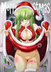 1girls bare_shoulders blush breasts bridal_gauntlets bubble c.c. cleavage code_geass dress dress_lift elbow_gloves female gloves green_hair hat highres looking_at_viewer merry_christmas no_panties santa_costume santa_hat solo thigh_gap yellow_eyes