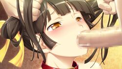 ail_soft baiin_reijou_suouin_sakurako_no_zaie blush bondage brown_hair censored close-up collar cum cum_in_mouth endured_face fellatio female game_cg hair hair_pull hair_ribbon oral orange_eyes penis ribahara_aki slave tied_hair twintails