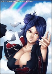 1girls akatsuki_(naruto) blue_hair breasts cedric_humbert female flower flower_in_hair konan looking_at_viewer nail_polish naruto orange_eyes paper piercing purple_nails solo