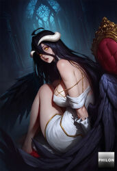 1girls albedo_(overlord) horns breasts solo wings long_hair black_wings black_hair yellow_eyes dress large_breasts looking_at_viewer sitting feathered_wings white_dress demon_horns gloves demon_girl white_gloves hair_between_eyes bare_shoulders slit_pupils low_wings ahoge indoors parted_lips looking_back lips covered_nipples feathers white_horns demon_wings open_mouth overlord_(maruyama) ai_generated stable_diffusion philon