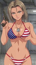 1girls ai_generated america american american_female american_flag_bikini army army_girl athletic athletic_body athletic_female attractive bikini bikini_only curvaceous curvaceous_female curvaceous_figure curvy curvy_body curvy_female dog_tags female female_focus female_only firearm fit fit_body fit_female grabbing grabbing_breasts grabbing_own_breast gun holding holding_gun holding_pistol holding_weapon hourglass_figure hourglass_figured_female indoors inside looking_at_viewer military narrow_waist oc original original_character pistol sexy sexy_body sexy_female tagme tan_skin tan_skinned_female toned toned_body toned_female united_states united_states_of_america weapon wide_hips