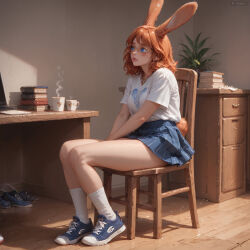 ai_generated aurora_(league_of_legends) 1girl solo breasts blush short_hair blue_eyes shirt skirt brown_hair holding animal_ears jewelry sitting medium_breasts school_uniform tail white_shirt full_body short_sleeves thighs pleated_skirt parted_lips shoes glasses day indoors artist_name medium_hair signature miniskirt rabbit_ears orange_hair from_side cup blue_skirt legs lips book bare_legs window profile shadow phone chair white_footwear table sunlight cellphone plant curtains rabbit_tail sneakers holding_cup steam smartphone holding_phone desk freckles high-waist_skirt round_eyewear teacup paper wooden_floor rabbit_girl mug long_legs shirt_tucked_in open_book nose realistic adjusting_eyewear pen potted_plant reading on_chair computer rimless_eyewear coffee picture_frame book_stack laptop holding_pen no_socks coffee_mug flower_pot white_nails drawer wooden_table talking_on_phone two-tone_footwear iphone wooden_chair paper_stack converse