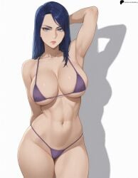 1girl 1girls ai_generated arcane arm_behind_head armpits bikini blue_eyes blue_hair breasts caitlyn_kiramman closed_mouth collarbone hi_res high_quality high_resolution highres large_breasts league_of_legends light lips long_hair looking_at_viewer midriff navel nose opal_nemy patreon_logo patreon_url patreon_username plain_background purple_bikini self_upload serious shadow shiny shiny_hair shiny_skin simple_background solo standing swimsuit thighs watermark white_background
