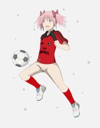 ac_milan ball bottomless clothes knee_socks kneehighs kneesocks madoka_kaname mahou_shoujo_madoka_magica pink_hair puella_magi_madoka_magica red_socks smile soccer soccer_ball socks t-shirt