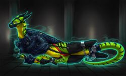 adhara ammylin anthro armbinder binder_(restraint) bondage_gear bound clothing cuff_(restraint) dragon duo female feral green_body green_scales hi_res latex latex_clothing legwear markings muzzle_(object) mythological_creature mythological_scalie mythology panties restraints scales scalie stockings striped_markings stripes tail tail_cuff tail_tied underwear wingbinders wrist_cuffs