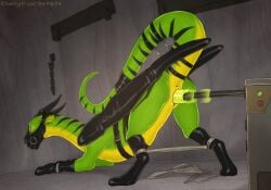 1girls adhara anus bondage bondage_gear bound chastity_belt chastity_device clothing dildo dildo_in_vagina dildo_insertion dirtyfox911911 dragon female female_only feral fucking_machine gag gagged genitals gloves green_body green_scales handwear horn latex latex_clothing latex_gloves latex_handwear latex_legwear legwear machine markings mask mythological_creature mythological_scalie mythology penetration raised_tail scales scalie sex_machine sex_toy sex_toy_in_vagina sex_toy_insertion solo striped_markings stripes tail tail_tied vaginal_penetration vulva wingbinders