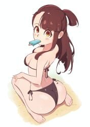 1girl 1girls ass atsuko_kagari bangs bikini black_bikini blush breasts brown_hair food food_in_mouth full_body little_witch_academia long_hair looking_at_viewer looking_back madabauillust medium_breasts mouth_hold popsicle side-tie_bikini sitting solo studio_trigger swimsuit