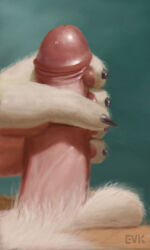 5_fingers abstract_background absurd_res anthro balls bodily_fluids canid canine chromatic_aberration claws erection evk film_grain fingers fluffy fluffy_balls foreskin fur genital_fluids genitals glans hi_res holding_penis humanoid_genitalia male mammal masturbation orange_body orange_fur pawpads penis penis_squeeze precum pubes shadow solo urethra vein veiny_penis white_body white_fur