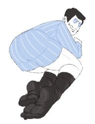 feet feet_focus feet_together worn_socks socks socks_on calve_high_socks black_socks pajamas pajamas_only blue_pajamas striped_pajamas pajama_shorts smiling goofy goofy_smile pince-nez stupid stupid_looking kneeling on_all_fours worn_clothing worn_footwear black_hair straight_hair neat_hair styled_hair moustache mustache smiling_at_viewer looking_at_viewer looking_back_at_viewer mr_shrink digital_media_(artwork) digital_drawing_(artwork) original original_character solo solo_focus solo_male male male_only male_focus presenting presenting_feet