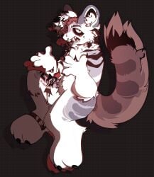 anthro black_body black_fur blood bodily_fluids brain claws cryotaiga ear_piercing facial_piercing fangs felid fluffy fluffy_tail fur gore grey_body grey_fur hair hi_res hybrid looking_at_viewer male mammal organs pantherine piercing ratsguts snow_leopard solo striped_body stripes tail teeth tiger white_body white_eyes white_fur