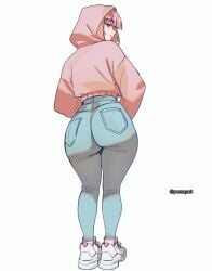1girls apple_butt ass baby_blue_clothing back_view baggy_clothing big_ass blue_clothing blue_jeans clothed clothed_female clothing content_smile coral_pink_clothing dat_ass female footwear full_body fully_clothed fully_clothed_female gluteal_fold highleg highleg_jeans highleg_pants hololive hololive_english hololive_myth hood_up hoodie huge_ass jeans kneepits legs light-skinned_female light_blue_clothing light_blue_jeans light_skin limited_color limited_palette long_ass long_sleeves looking_at_viewer looking_back looking_to_the_side low-angle_view matching_hair/clothes mori_calliope narrowed_eyes pink_clothing pink_hair pink_hoodie plain_background png pomuya rear_view red_eyes running_shoes salmon_pink_clothing solid_color_background solo thick_thighs thighs tight_clothes tight_clothing tight_jeans viewed_from_behind virtual_youtuber vtuber watermark white_background white_footwear