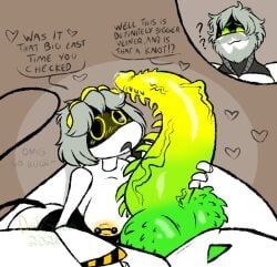1boy 1girls beard big_cock big_penis blushing breasts brown_background male/female murder_drones oc sansesdusty straight tail v_(murder_drones) yellow_eyes