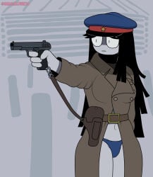 1girls aiden_(kaaatie) black_hair blue_panties coat dangerous_forest emotionless exposed_skin fundamental_paper_education holster magalnik no_pants pale_skin panties pistol pointing_gun russian self_upload simple_background soviet tagme trenchcoat uniform weapon white_background winter