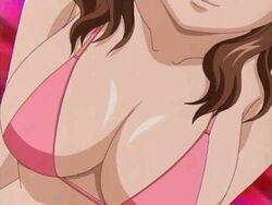 4:3 akahori_gedou_hour_rabuge animated bikini_top bounce bouncing_breasts breasts brown_hair cleavage close-up female head_out_of_frame hokke_otone hypnotic large_breasts long_hair screencap smile solo swimsuit wavy_hair