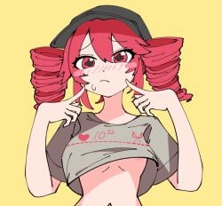 kasane_teto kasane_teto_(sv) synthesizer_v utau override_(synthesizer_v) mv_character 1girls female female_only solo solo_female 2d 2d_(artwork) red_eyes red_hair twin_drills ahoge hat ahoge_through_hat yellow_background simple_background clothing clothed clothed_female fully_clothed eyelashes long_eyelashes +_+ open_mouth smile frown sweat sweatdrop sweating blush blushing blushing_female blush_lines blush_stickers looking_at_viewer finger_to_mouth petite petite_body petite_female slim_waist slim_girl skinny skinny_female tiny_waist shirt shirt_lift shirt_up fake_breasts like_and_retweet like_goal shirt_cut_meme no_bra areolae areola_slip areolae_peeking belly navel midriff small_breasts flat_chest nazunobasho