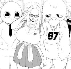 1girl 2others 67_(meme) bangs_pinned_back blush bra bra_visible_through_clothes bralines breasts buttons clothes_around_waist collared_shirt commentary english_commentary glasses greyscale hands_up highres huge_breasts inne_sulistya_robin lacoste long_hair mascot mascot_costume meme monochrome multiple_others norman_maggot open_mouth original pleated_skirt shirt short_sleeves skirt standing staring sweater sweater_around_waist teeth underwear v