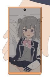 1girl 1other arm_up bed_sheet blue_jacket blue_skirt blush bow bowtie cellphone center-flap_bangs cevio clitoris clothes_lift collared_shirt commentary_request cowboy_shot dress_shirt grey_hair grey_sweater_vest hair_bun hair_ornament hairpin highres holding holding_phone jacket koharu_rikka long_sleeves looking_at_viewer lying medium_hair on_back open_mouth out-of-frame_censoring phone photo_(object) pillow pink_bow pink_bowtie purple_eye pussy shirt sidelocks simple_background skirt skirt_lift sleeveless sleeveless_jacket smartphone spread_legs spread_pussy spreading_own_pussy sweat sweater_vest synthesizer_v tuitou white_background white_shirt