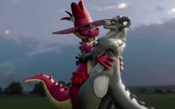 alligator alligatorid animated anthro aroused aroused_face aroused_male aroused_smile belly blender_(artwork) blender_eevee_(artwork) clothing crocodilian deathclaw digital_media_(artwork) duo erection fallout genitals hat hat_only headgear headgear_only headwear headwear_only henry_(henrycharizardboi) henrycharizardboi male male/male microsoft mostly_nude penis pupils red_body red_scales reptile scales scalie scraps sex slit_pupils tongue tongue_out yellow_belly yellow_underbelly