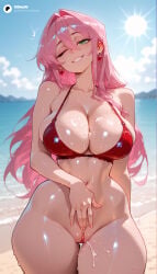 cartoony cartoon big_ass big_breasts large_breasts large_ass 1girls 1girl straight female solo_focus female_focus blurry_background blurred_background depth_of_field breasts ass thin_waist small_waist ai_generated odexai thick_thighs wide_hips absurd_res absurdres hi_res highres high_resolution high_quality velvet_(nikke) goddess_of_victory:_nikke nikke pink_hair long_hair one_eye_closed navel green_eyes pussy cleavage hair_between_eyes thighs blush collarbone hair_intakes bare_shoulders stomach cleft_of_venus grin shiny_skin parted_lips groin bikini swimsuit earrings bikini_top_only fingernails string_bikini looking_at_viewer head_tilt standing outdoors wet water beach ocean mole solo bottomless bare_arms curvy pussy_juice cum cum_on_body uncensored cowboy_shot blurry sun red_bikini jewelry smile mole_under_eye heart heart_earrings day thigh_gap sky blue_sky cloud pink_nails teeth suggestive_fluid