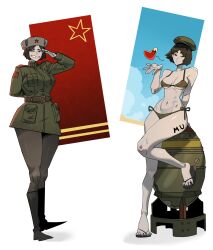 original original_character tagme tagme_(artist) uniform military_uniform brown_hair short_hair headgear smile tight_clothing breasts wide_hips voluptuous navel bikini bare_shoulders flip_flops heart blowing_kiss