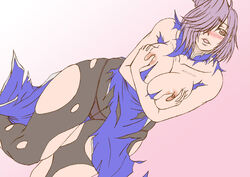 female breasts large_breasts nipples pantyhose papepox2 simple_background solo torn_clothes