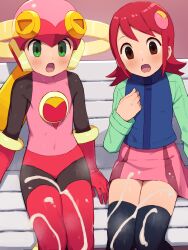2girls black_thighhighs blue_vest bodysuit brown_eyes chiwino commentary_request cum d: ejaculation green_eyes helmet highres looking_at_viewer mayl_sakurai_(mega_man) medium_hair mega_man_(series) mega_man_battle_network_(series) miniskirt molestation multicolored_bodysuit multiple_girls on_bench pink_helmet pink_skirt red_hair roll.exe_(mega_man) sitting skirt smile thighhighs vest