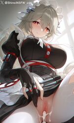 shineinsfw artist:shineinsfw alexandrina_sebastiane zenless_zone_zero ai_generated front_view low_angle skirt_lift bottomless maid_uniform pussy cum_in_pussy cum_drip grey_hair orange_eyes smile blush solo shiny_skin