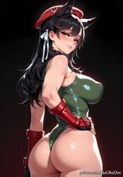 1girl 2026 ai_generated animal_ears anime artist_name ass atago_(azur_lane) azur_lane bangs bare_shoulders beret black_background black_gloves black_hair blush boobs bracer breasts brown_eyes buttocks cat_ears cleavage closed_mouth cosplay covered_nipples cowboy_shot crossover extra_ears eye_contact female female_focus fingerless_gloves flushed from_behind gloves gradient gradient_background green_leotard hair_ribbon half-closed_eyes hand_on_hip handwear hat highleg highleg_leotard highres huge_breasts large_breasts leotard lips long_hair looking_at_viewer looking_back mole mole_under_eye neutral_expression nsfw patreon red_headwear ribbon rognezart shiny shiny_clothes shiny_skin smile smiling solo standing swept_bangs thick_thighs thighs thong_leotard very_long_hair white_ribbon