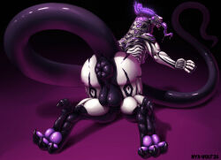 absurd_res alien alien_anatomy alien_genitalia anthro anus balls big_anus big_balls big_butt big_penis butt digitigrade fire flaccid genitals gradient_background hi_res horn long_tail male muscular muscular_male nude_anthro open_mouth paws penis presenting presenting_hindquarters simple_background tail wwredgrave xyners