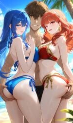 1boy 2girls affair ai_generated beach bikini blue_bikini blue_hair breasts caeda_(fire_emblem) celica_(fire_emblem) cheating cheating_wife cheating_wives ecstasy ecstatic enjoying female ffm_threesome fire_emblem fire_emblem:_mystery_of_the_emblem fire_emblem:_shadow_dragon_and_the_blade_of_light fire_emblem_echoes:_shadows_of_valentia fire_emblem_heroes from_side group_sex hairband happy_sex harem inminent_cheating inminent_sex kiran_(fire_emblem) kiran_(fire_emblem)_(male) long_hair male medium_breasts multiple_females multiple_girls netorare orange_bikini pants pants_pull princess princesses pussy queen queens red_hair red_tunic royalty standing straight sunset swimsuit teenage_girl teenager red_bikini ass ass_grab asses_touching hand_on_chest touching_another's_ass touching_another's_chest