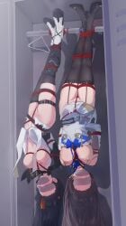 2girls absurdres arms_behind_back bdsm black_hair blindfold bondage bound breast_bondage breasts brown_hair collarbone crotch_rope daiyan_(girls'_frontline_2) gag gagged girls'_frontline girls'_frontline_2:_exilium high_heels highres improvised_gag large_breasts long_hair multiple_girls navel nipples qbz-191_(girls'_frontline) qiongjiu_(girls'_frontline_2) shibari shibari_over_clothes shirt skindentation stomach suspension tape tape_gag tetsuffy_(tetsulul) thigh_strap thighhighs type_95_(girls'_frontline) upside-down white_shirt white_thighhighs