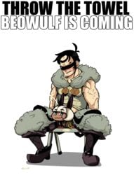 1boy arm_hair beowulf_(skullgirls) binarypen biting_lip black_hair blindfold blush bondage boots cape censored chair cum ejaculation facial_hair folding_chair fur_trim nadia_fortune novelty_censor pelt restrained severed_head short_hair sideburns sitting skullgirls solo stubble suspenders the_hurting