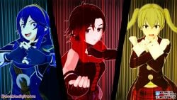 3d 3girls angry black_choker black_eyes black_hair blonde_hair blue_background blue_eyes blue_hair breasts brown_hair choker crossed_arms crossover eastern_and_western_character evil_smile fefreak726 female female_only fighting_stance fingerless_gloves fire_emblem fire_emblem_awakening gloves gradient_hair green_eyes hands_up interlocked_fingers jujutsu_kaisen light-skinned_female light_skin long_hair long_sleeves looking_at_viewer lucina_(fire_emblem) maka_albarn medium_breasts medium_hair multicolored_hair multiple_girls nintendo open_mouth pose red_background red_eyes red_hair ruby_rose rwby scarf serious shirt short_hair skirt small_breasts smile smug soul_eater tiara upper_body variant_set yellow_background