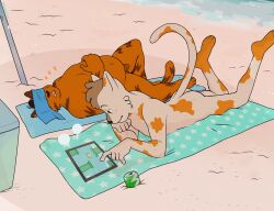 2026 anthro beach beverage black_nose casual_nudity clothing domestic_cat duo felid feline felis flappy_bird freckles fur fuzzy fuzzy_tail hat headgear headwear lying male male_anthro mammal nude on_back on_front orange_body orange_fur osmond_(p_rindustries) p_rindustries pompadour public public_nudity signature sleeping slightly_chubby slim smile snoring soda sun_hat tablet towel white_body white_fur wilt_(p_rindustries)