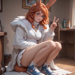 1girl solo long_hair breasts looking_at_viewer blush smile blue_eyes skirt brown_hair long_sleeves animal_ears jewelry sitting medium_breasts jacket tail full_body thighs pleated_skirt parted_lips open_clothes shoes socks glasses indoors medium_hair hood miniskirt necklace mole rabbit_ears orange_hair open_jacket coat sweater cup fingernails legs fur_trim lips book v bare_legs turtleneck arm_support white_jacket white_socks hood_down squatting white_skirt table bottle plant rabbit_tail sneakers extra_ears hair_over_shoulder desk drinking_glass freckles alcohol ribbed_sweater round_eyewear blue_footwear turtleneck_sweater paper wooden_floor rabbit_girl nose realistic fur-trimmed_jacket white_sweater pen potted_plant glass tiptoes pencil picture_frame cable_knit aran_sweater yellow-framed_eyewear drawer viera brown-framed_eyewear thick_lips whiskey glass_bottle ai_generated aurora_(league_of_legends)