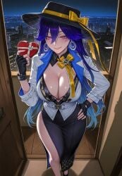 masyaai ai_generated lucilla_(wuthering_waves) wuthering_waves 1girl solo long_hair breasts looking_at_viewer blush smile bangs skirt large_breasts gloves long_sleeves hat holding cleavage hair_between_eyes jewelry blue_hair purple_eyes jacket thighs earrings parted_lips black_gloves fingerless_gloves hand_on_hip black_headwear night white_jacket box gift side_slit hoop_earrings valentine cityscape heart-shaped_box