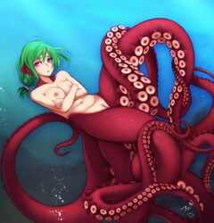 animal_ears breasts crossed_arms feguimel female green_hair monster_girl navel nipples nude octopus_girl original purple_eyes pussy scylla slit_pupils solo tentacle underwater water