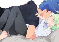 lio_fotia bulge promare galo_thymos 2boys gay yaoi wholesome imminent_sex size_difference on_bed fully_clothed clothing clothed making_out feminine_male blush blushing femboy androgynous twink