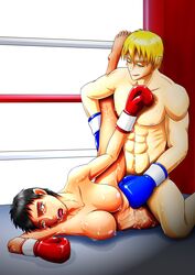 1boy 1girls abuse battle beaten black_hair blonde_hair blue_boxing_gloves blue_gloves boxing boxing_gloves boxing_ring breasts defeated female fighting gloves green_eyes highres large_breasts male mixed_boxing muscles nipples nude rape red_boxing_gloves red_gloves sex short_hair sport sweat t178 tear