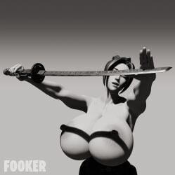 3d artist_name black_and_white blender blue_sky breast breasts_bigger_than_head breasts_out clear_sky convenient_censoring eevee exposed_breasts female fooker fortnite fortnite:_battle_royale gigantic_breasts hands_casting_shadow hime_(fortnite) holding_katana holding_object holding_sword holding_weapon katana looking_at_viewer meme shadow sky sunshine sword