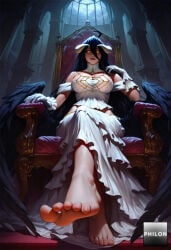 1girls albedo_(overlord) dress gloves horns white_dress solo breasts barefoot wings long_hair black_hair white_gloves feet black_wings yellow_eyes sitting toes large_breasts looking_at_viewer hair_between_eyes demon_horns feathered_wings slit_pupils demon_girl bare_shoulders soles white_horns foreshortening low_wings foot_focus detached_collar throne black_feathers hip_vent crossed_legs indoors smile very_long_hair feathers lips overlord_(maruyama) ai_generated stable_diffusion philon